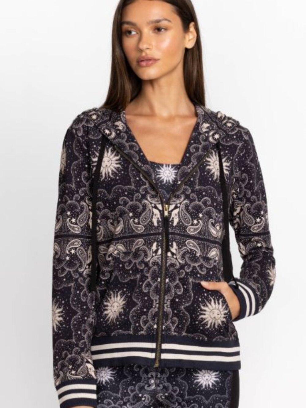 Johnny Was | Runa Inset Oversized Hoodie Celestial Sun Moon Star Zip Up NWOT XL.